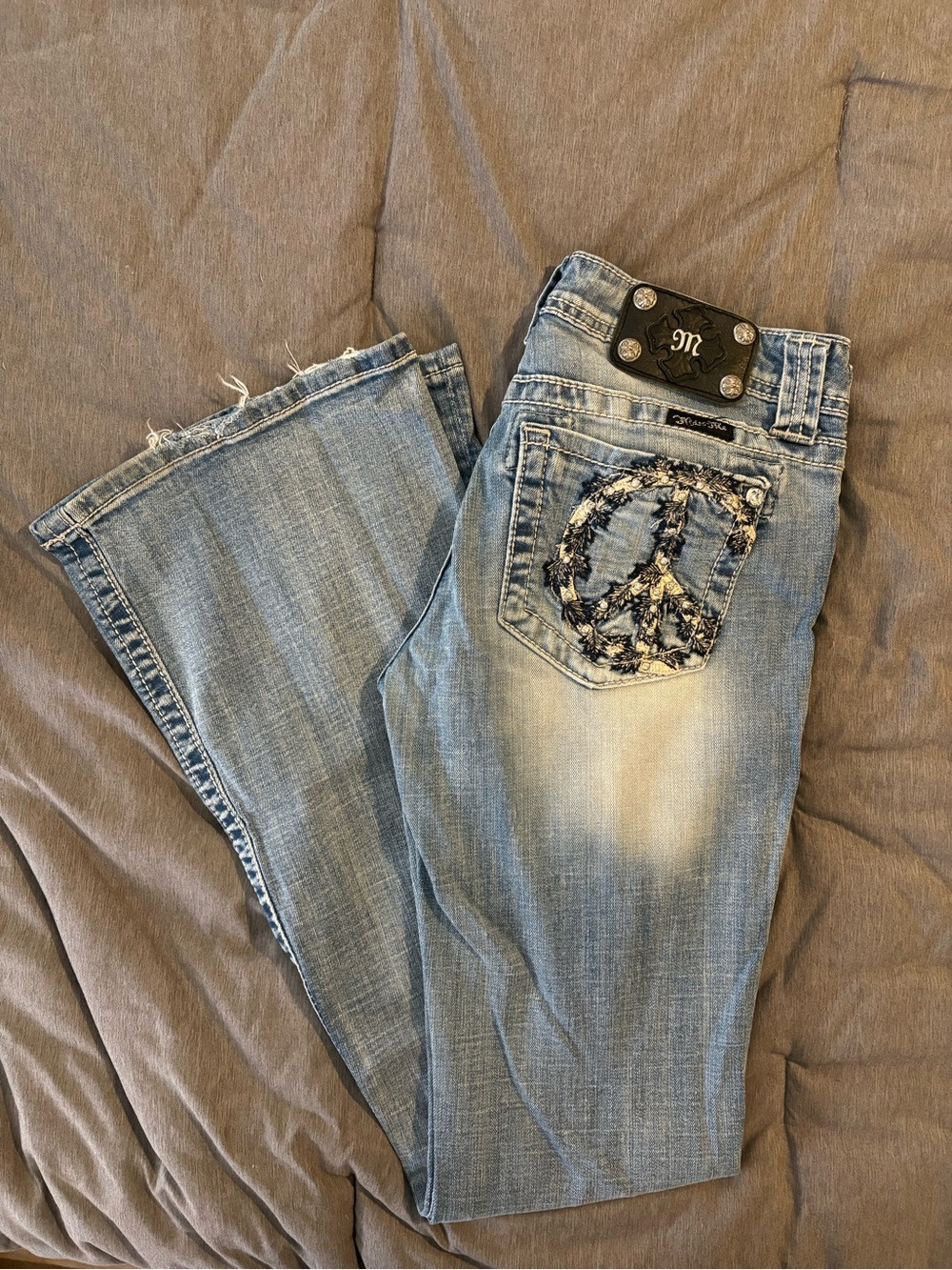 Miss Me Light Blue Embroidered Peace Sign Flare Jeans
